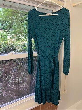 Boden Teal Long-Sleeve Polka Dot Wrap Dress